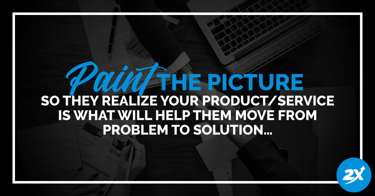 A text quote with the words: "Paint the picture so they realize your product/service is what will help them move from problem to solution."
