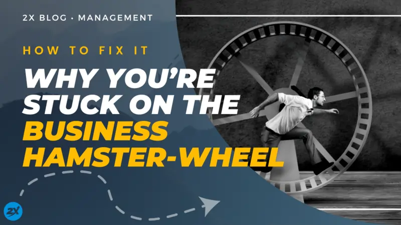 A business hamster wheel with the words how to fix why you're stuck on the business hamster wheel